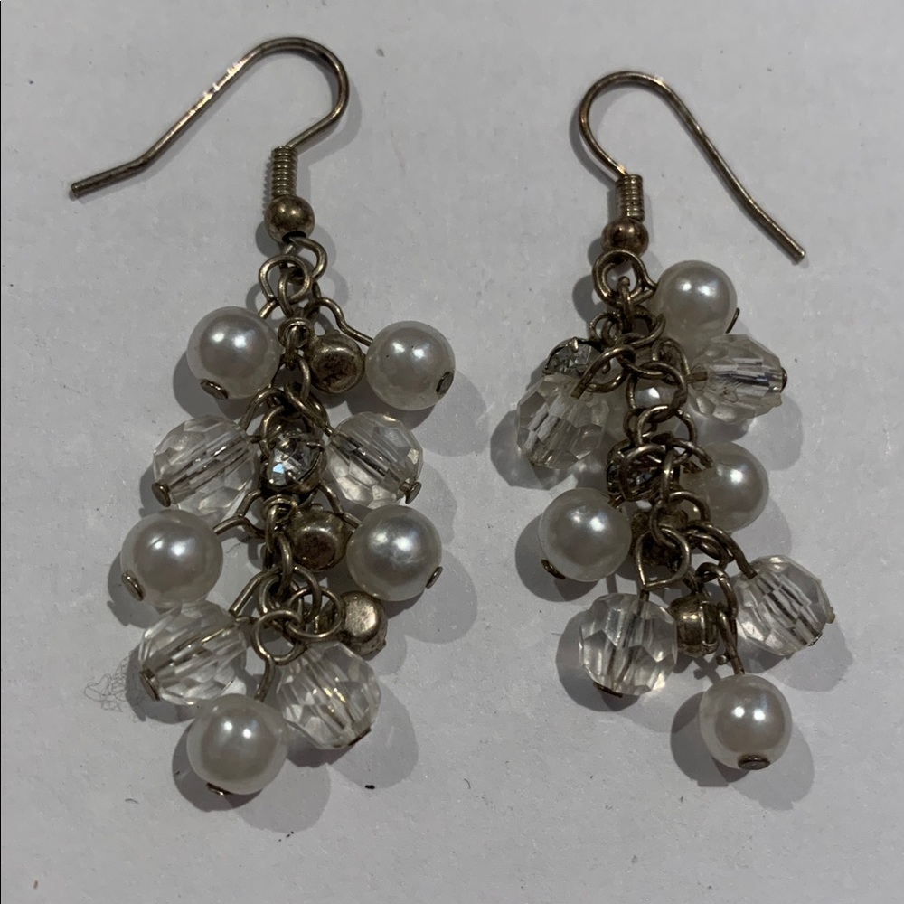 Vintage faux pearl and crystal bead 2” pierced Earrings stainless wires - Picture 2 of 2
